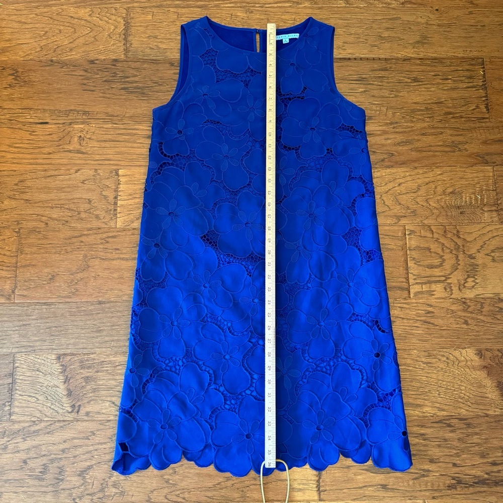 Antonio Melani Ghiaia Dress Blue Floral Lined Embroidered Overlay Midi Sheath 8 - Picture 11 of 11